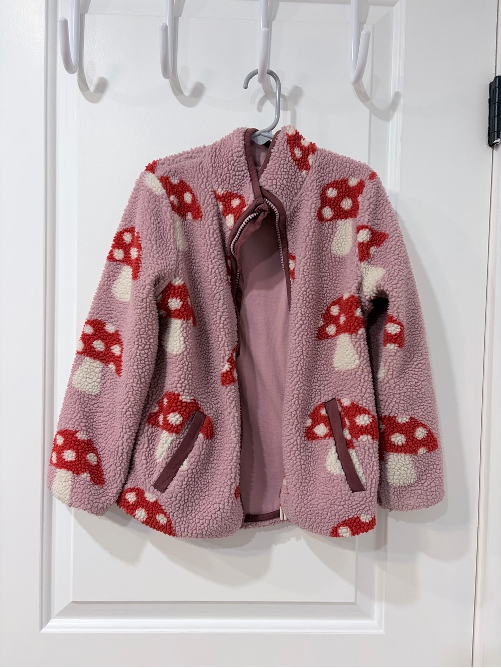 Mini Boden Pink Mushroom Sherpa Coat with Red and White Accents